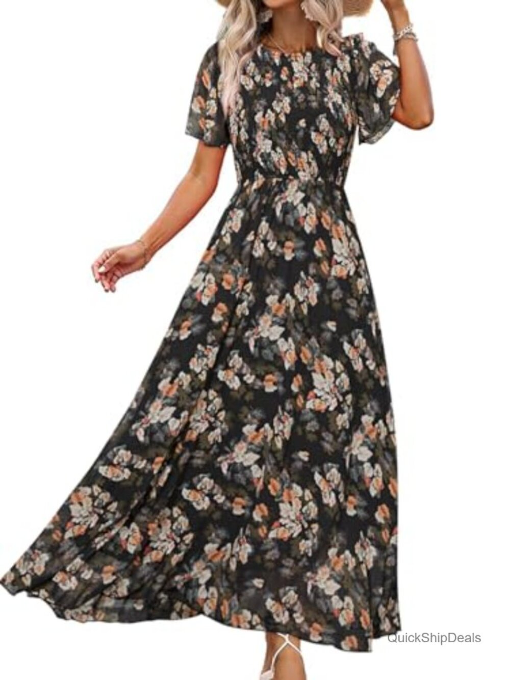 Floral Chiffon Smocked Maxi Dress Flutter Sleeve Wedding Guest